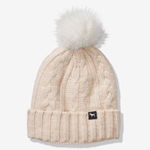 Victoria's Secret PINK Sherpa Lined Pom Beanie Champagne NEW